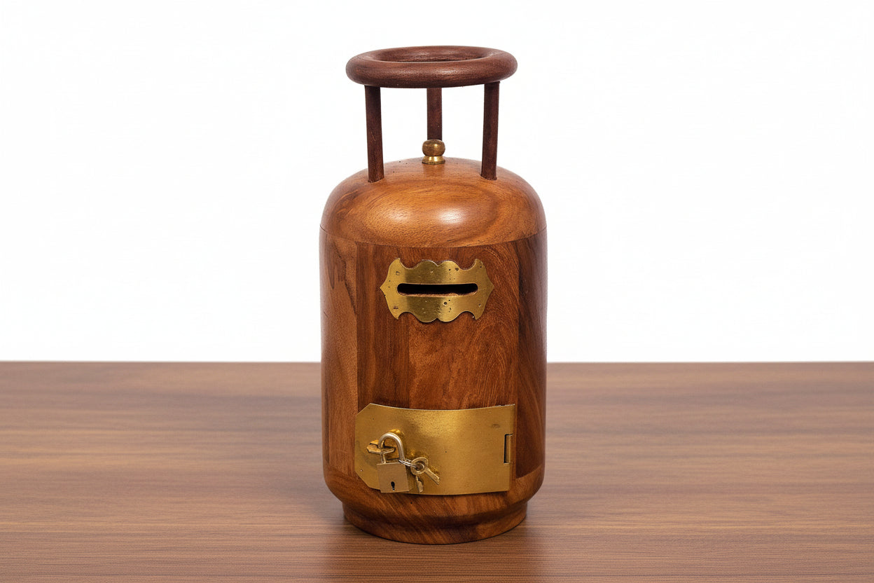 Handmade Wooden cylinder shape Bank – Ethnic Savings Box for Home Décor & Gifting