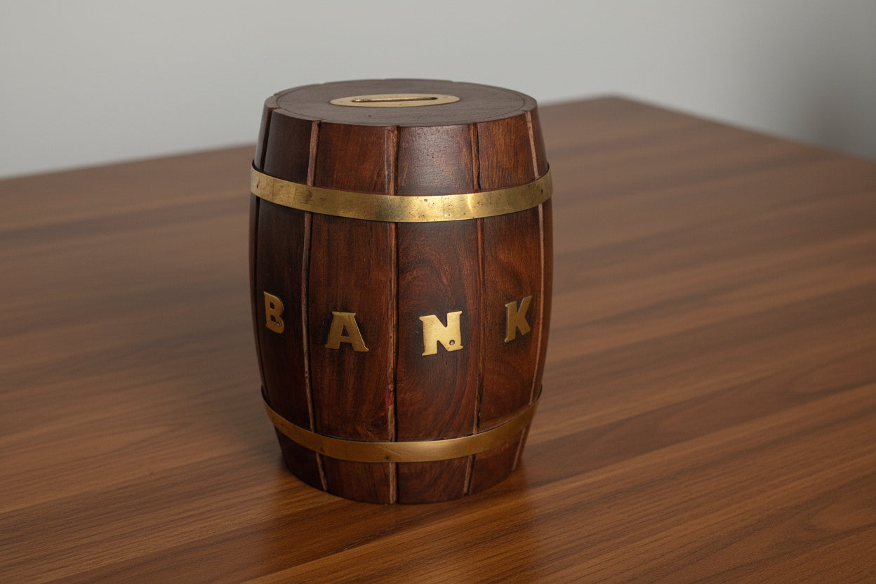 Wooden Money Bank – Ethnic Brass Inlay Savings Box for Home Décor & Gifting
