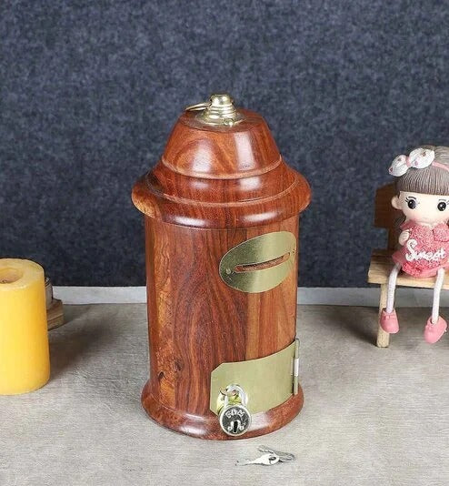 Wooden post box design Money Bank – Ethnic Brass Inlay Savings Box for Home Décor & Gifting