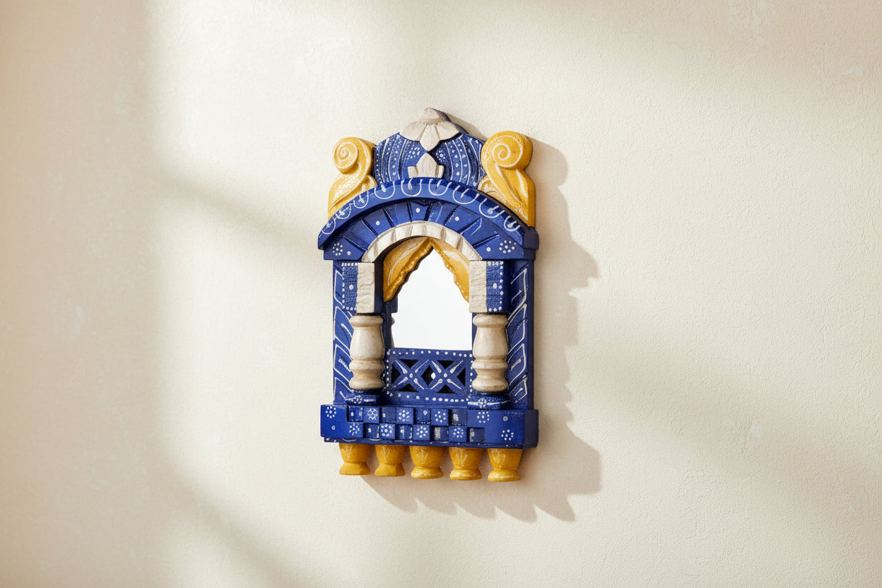 Wooden Handpainted Jharokha – Traditional Wall Décor for Artistic Charm & Cultural Elegance, blue