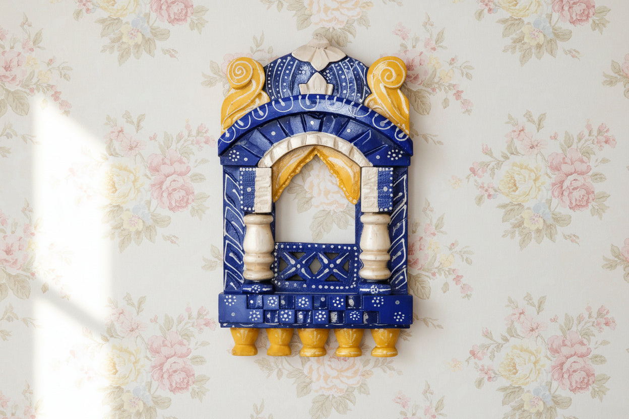 Wooden Handpainted Jharokha – Traditional Wall Décor for Artistic Charm & Cultural Elegance, blue
