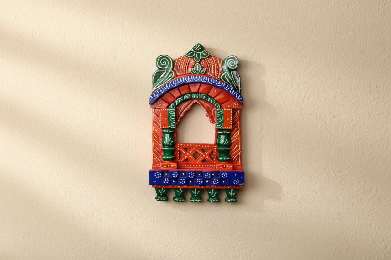 Wooden Handpainted Jharokha – Traditional Wall Décor for Artistic Charm & Cultural Elegance, multicolor