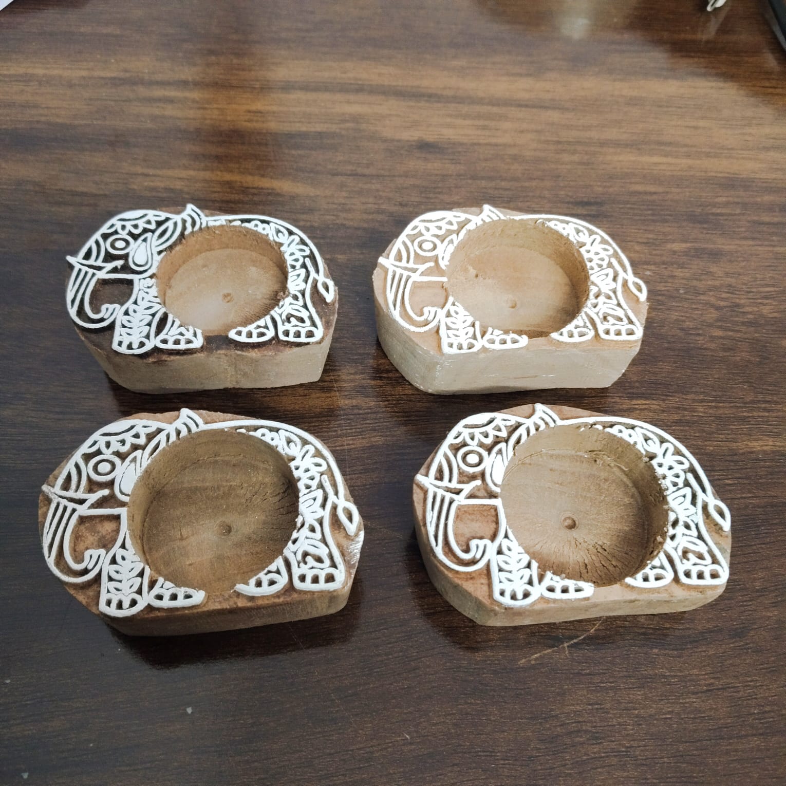 Wooden Elephant Hand Block Tea Light Holder Set of 12 – Artistic Home Décor for Warmth, Tradition & Festive Glow