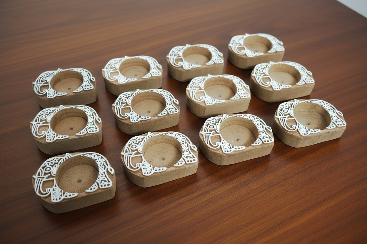 Wooden Elephant Hand Block Tea Light Holder Set of 12 – Artistic Home Décor for Warmth, Tradition & Festive Glow