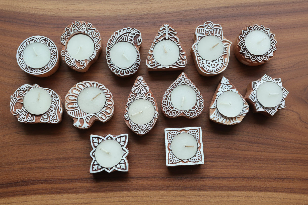 Wooden mix design Hand Block Tea Light Holder Set of 12 – Artistic Home Décor for Warmth, Tradition & Festive Glow