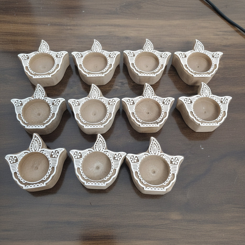 Wooden diya design  Hand Block Tea Light Holder Set of 12 – Artistic Home Décor for Warmth, Tradition & Festive Glow