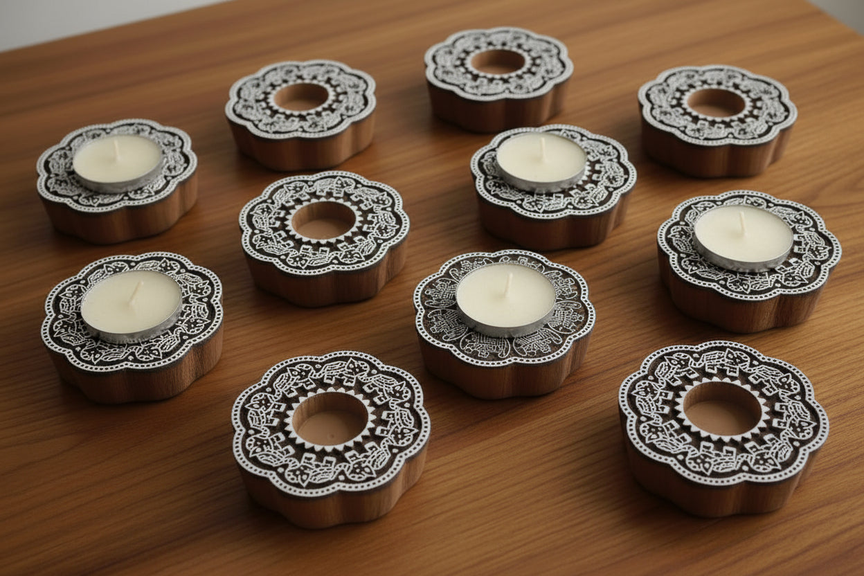 Wooden elephant design  Hand Block Tea Light Holder Set of 10 – Artistic Home Décor for Warmth, Tradition & Festive Glow