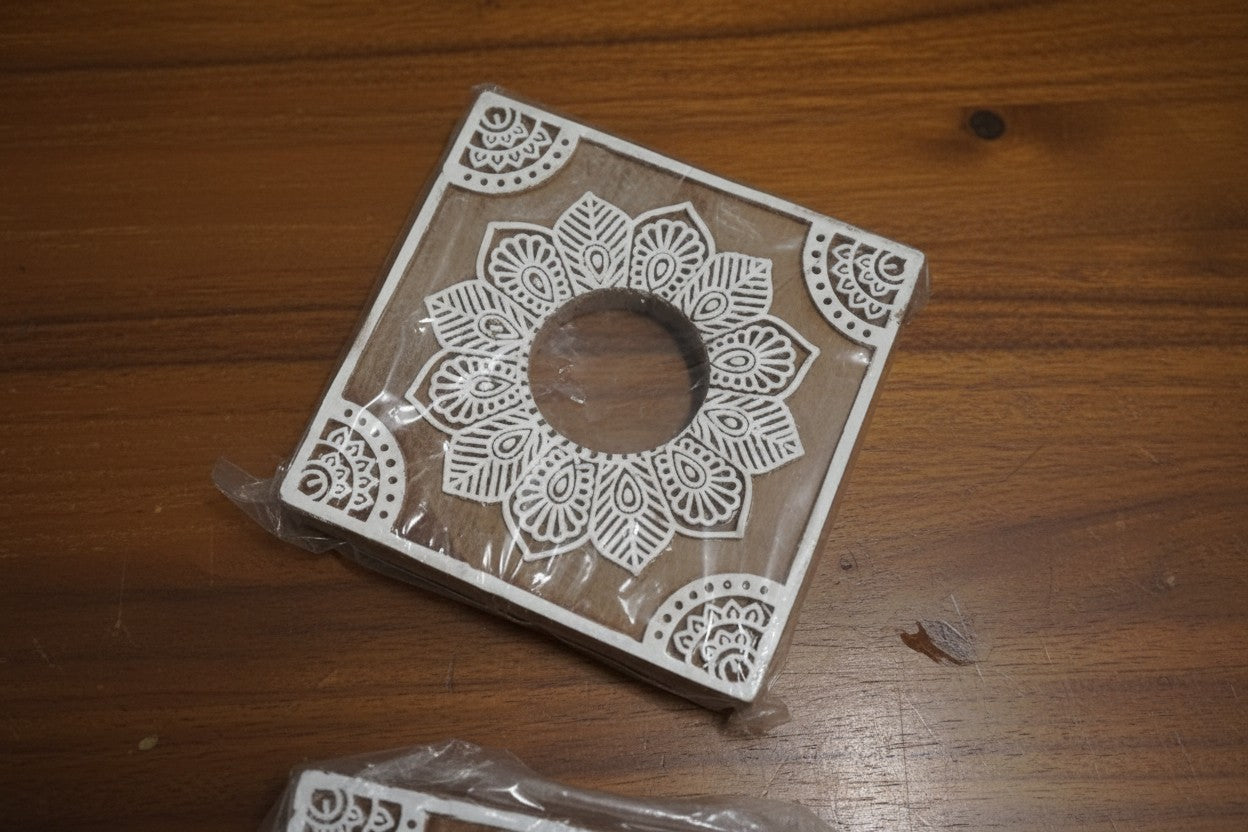 Wooden square Hand Block Tea Light Holder Set of 10 – Artistic Home Décor for Warmth, Tradition & Festive Glow
