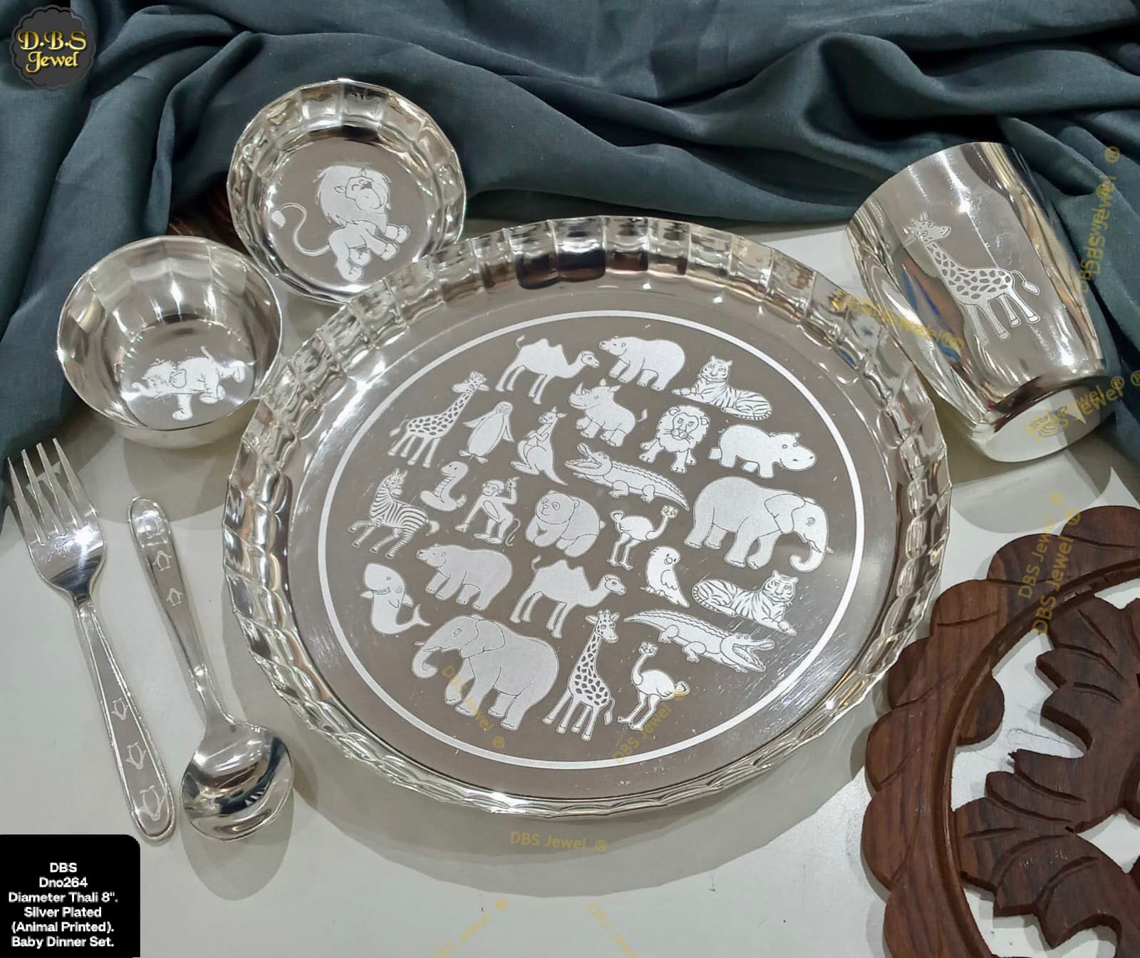 silver plated animal print dinner set, set of 6 pieces