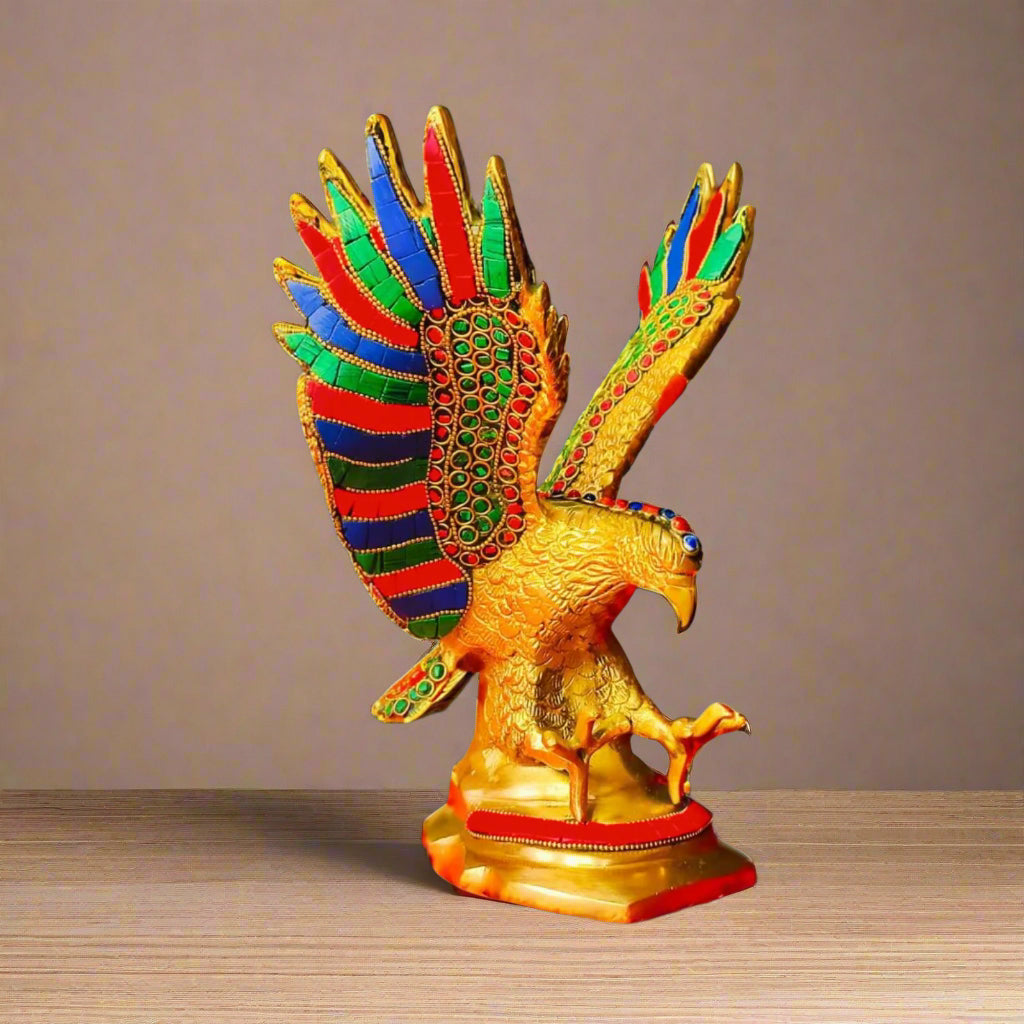 Gold-Toned Brass Eagle Sculpture with Colorful Stones – Decorative Accent for Living Room or Study