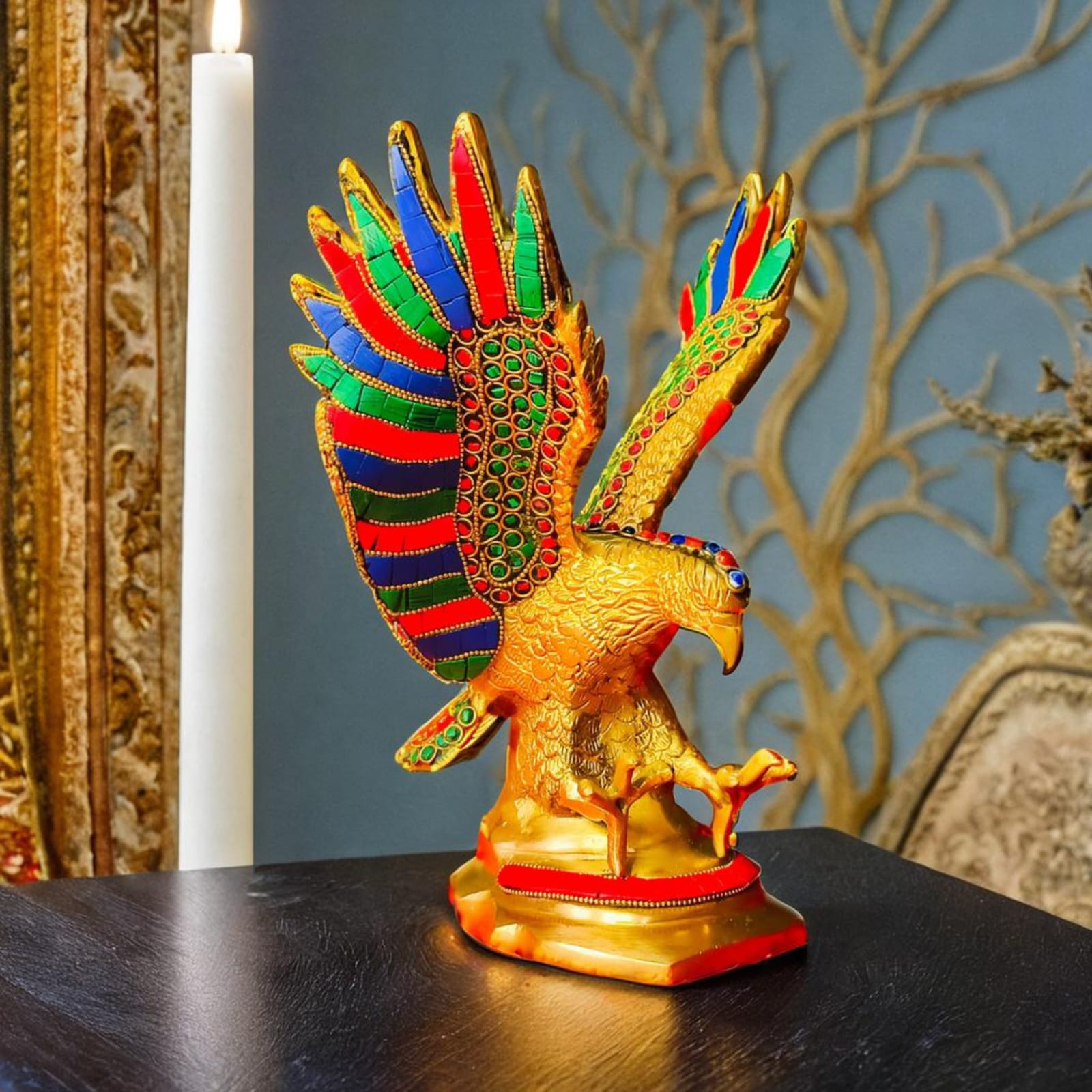 Gold-Toned Brass Eagle Sculpture with Colorful Stones – Decorative Accent for Living Room or Study