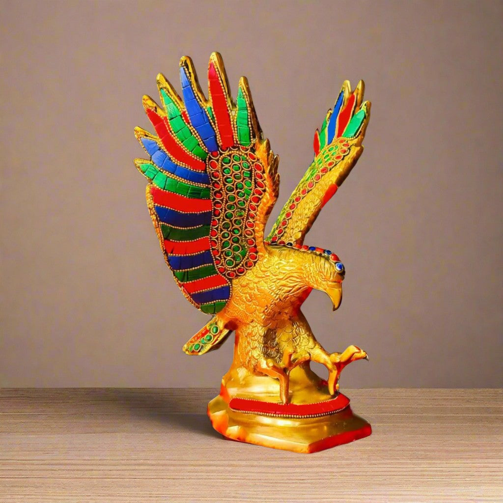 Gold-Toned Brass Eagle Sculpture with Colorful Stones – Decorative Accent for Living Room or Study