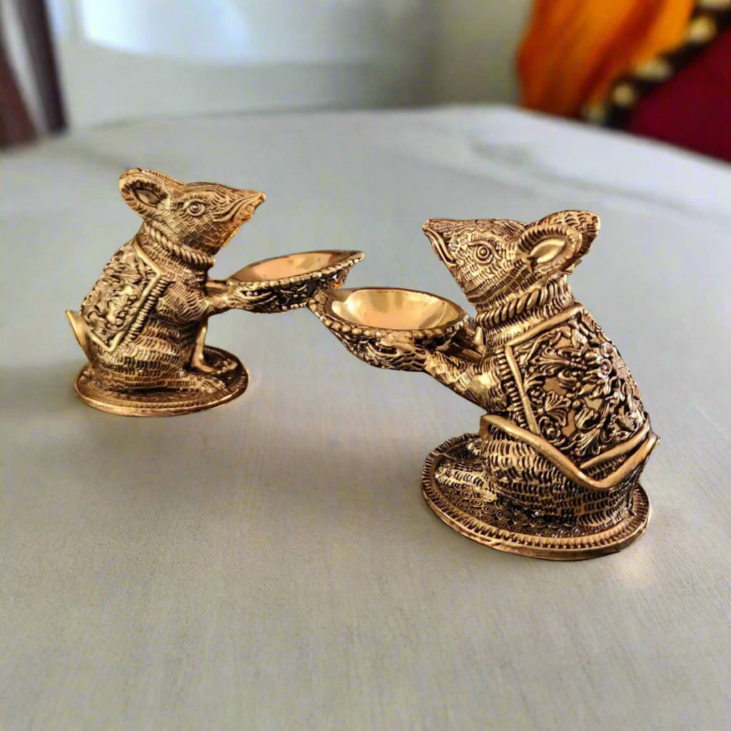 Gold-Toned Brass Mouse Diya pair – Vahan of Lord Ganesha, Ideal for Mandir & Home Decoration