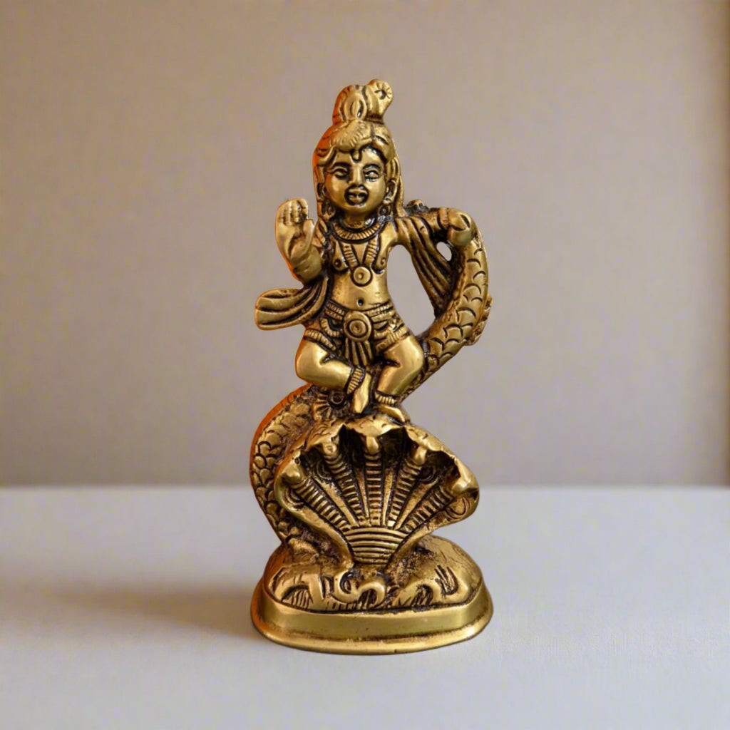 Krishna Dancing on Kaliya Naag – Antique Brass Figurine for Temple, Home & Spiritual Gifting