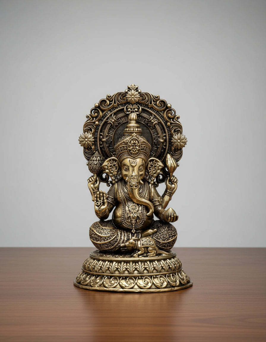 Brass Ganesh Idol – Antique Finish Ganpati Murti for Home Temple, Office & Puja Room
