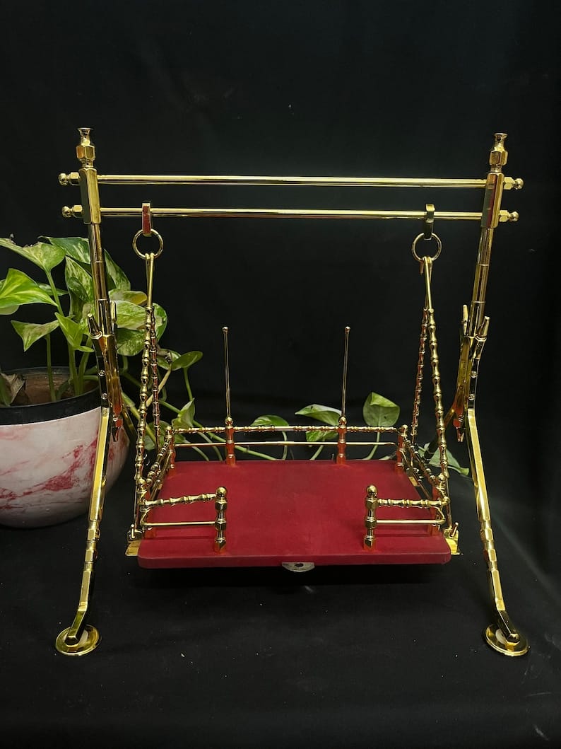 Handcrafted Pure Brass big Jhula for Laddu Gopal & Ganesh Ji – Traditional Hindola Swing for Pooja & Festive Décor