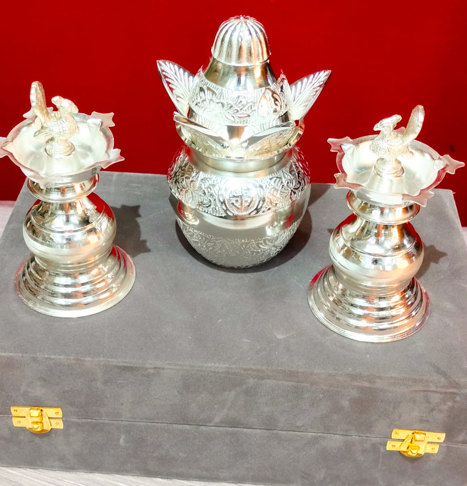 German Silver Combo of Peacock Diya and Kalash