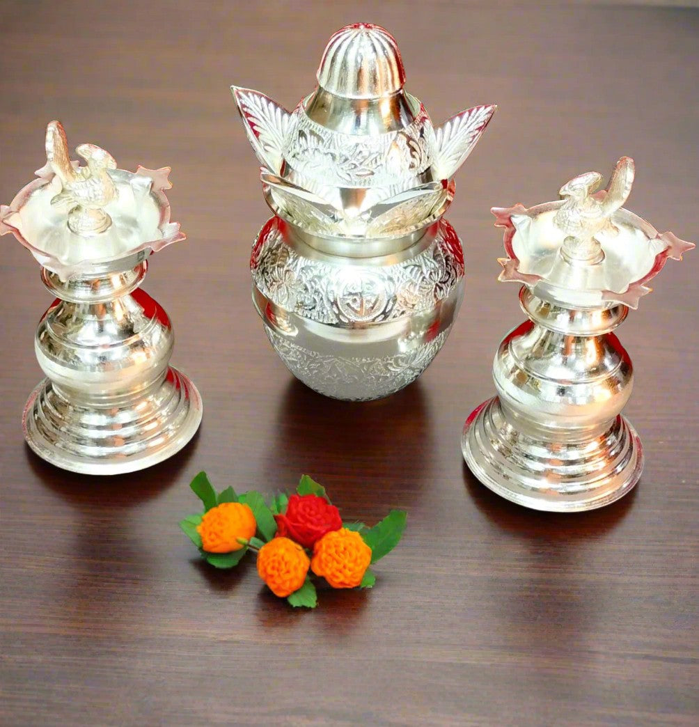 German Silver Combo of Peacock Diya and Kalash