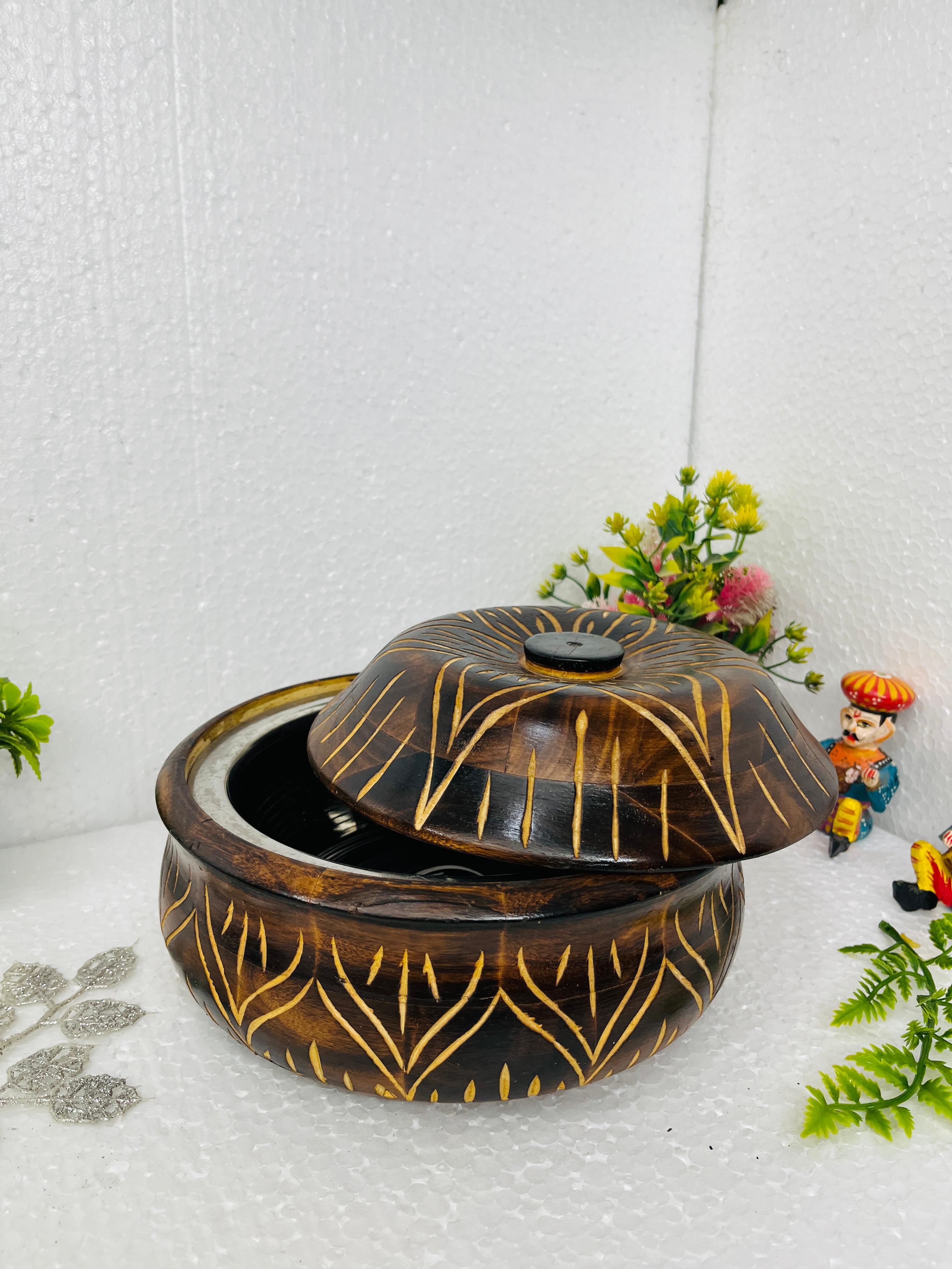 wooden flower design casserole/chapati box with steel for roti/chapati/snacks