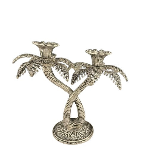 German silver double candle stand coconut tree design