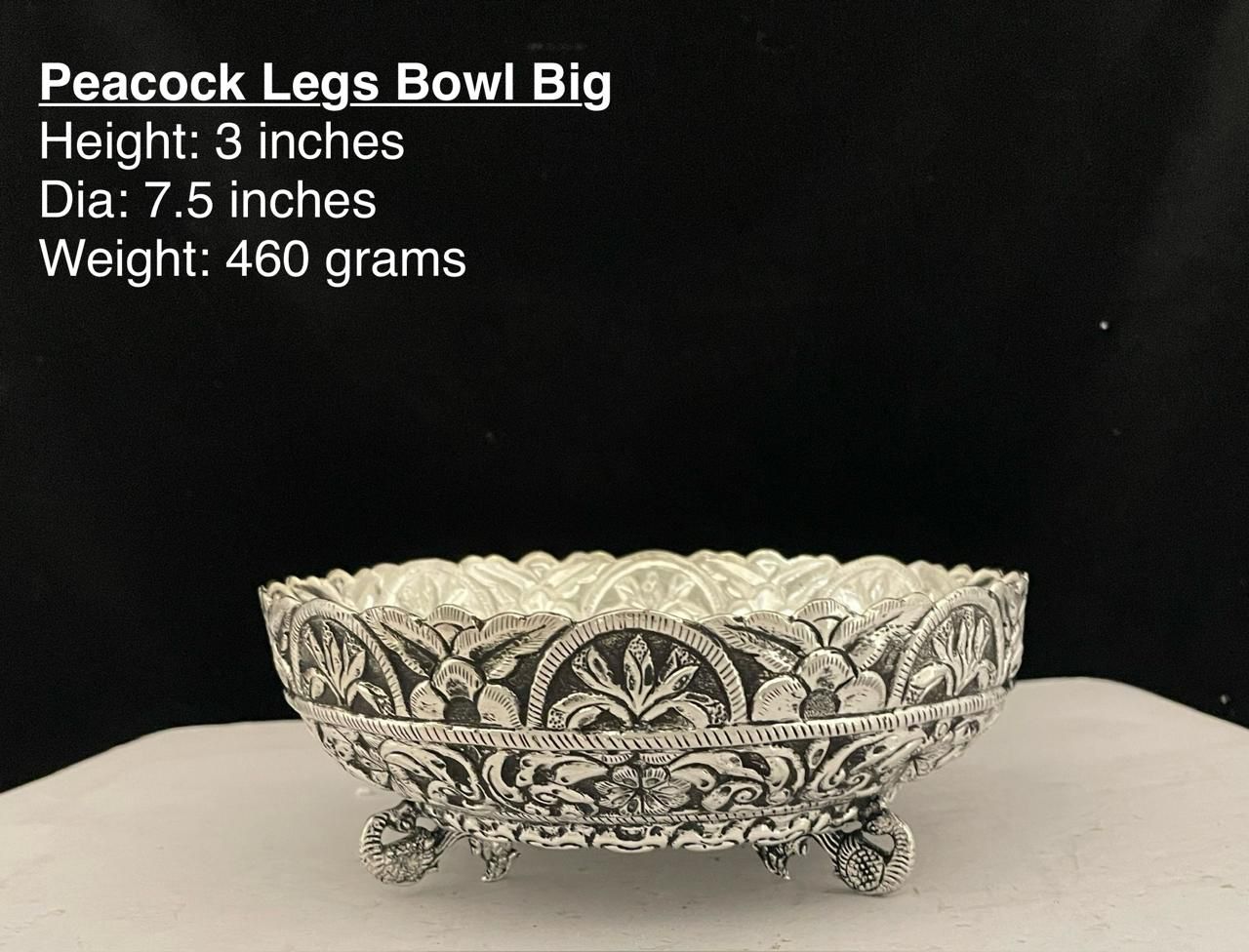 German silver fully carved peacock legs urli bowl for fruits/snacks/gift item/home decor