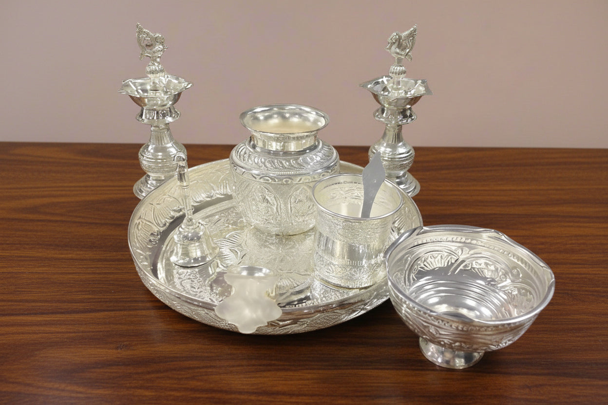 Pure German silver washable special design with kalasha + prasadam bowl for Diwali pooja