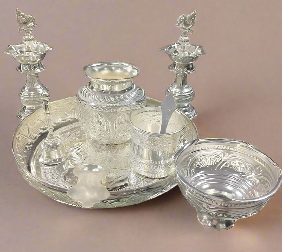 Pure German silver washable special design with kalasha + prasadam bowl for Diwali pooja