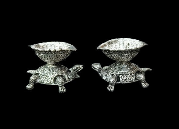 German Silver Antique Finish German Silver Tortoise Diyas Pair for House Warming / Festival