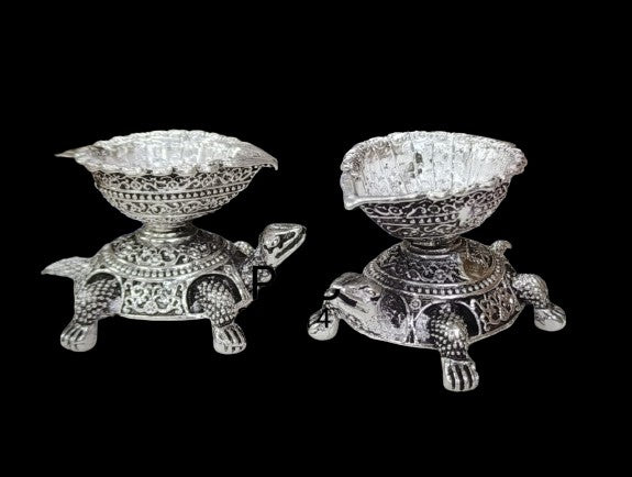 German Silver Antique Finish German Silver Tortoise Diyas Pair for House Warming / Festival