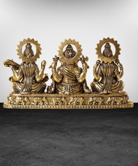 Goddess Lakshmi, Saraswati and Lord Ganesha Small Brass Idol