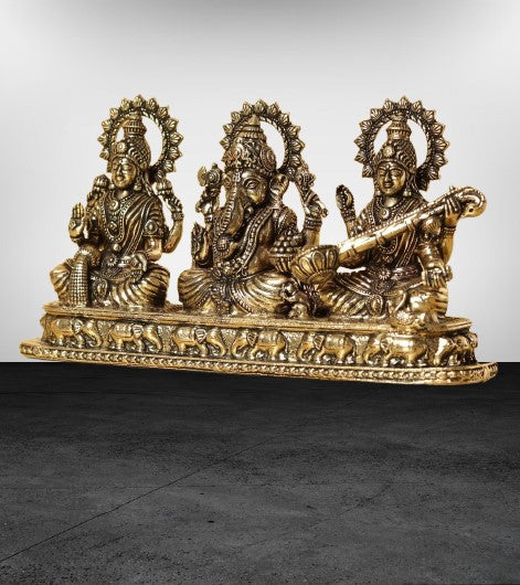 Goddess Lakshmi, Saraswati and Lord Ganesha Small Brass Idol