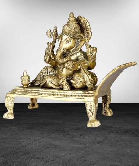 Brass Ganesh Sitting on a Royal Couch, 4 Armed Ganesh Sitting Idol for Home/Office