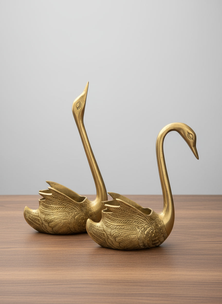 Pure Brass Metal Swan Pair of Swans for Good Luck and Love|Candle Holder for Home Decor Tabletop Living Room