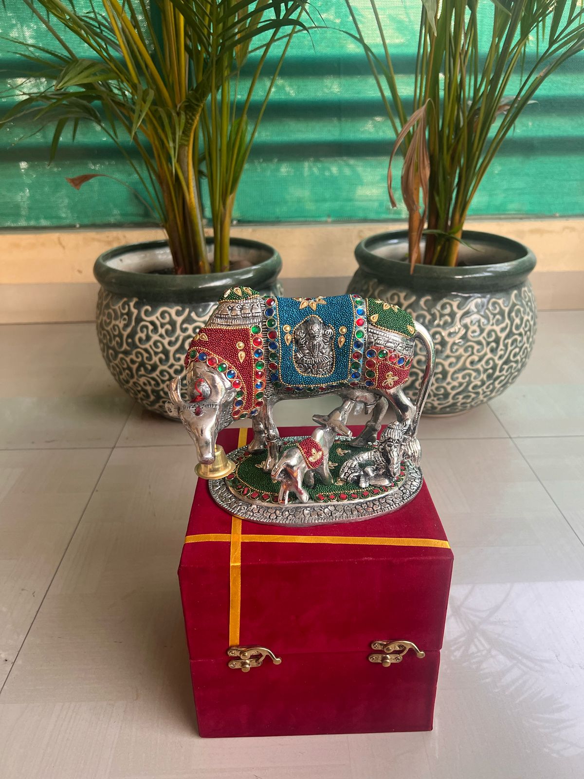 German silver cow and calf statue  with stone work