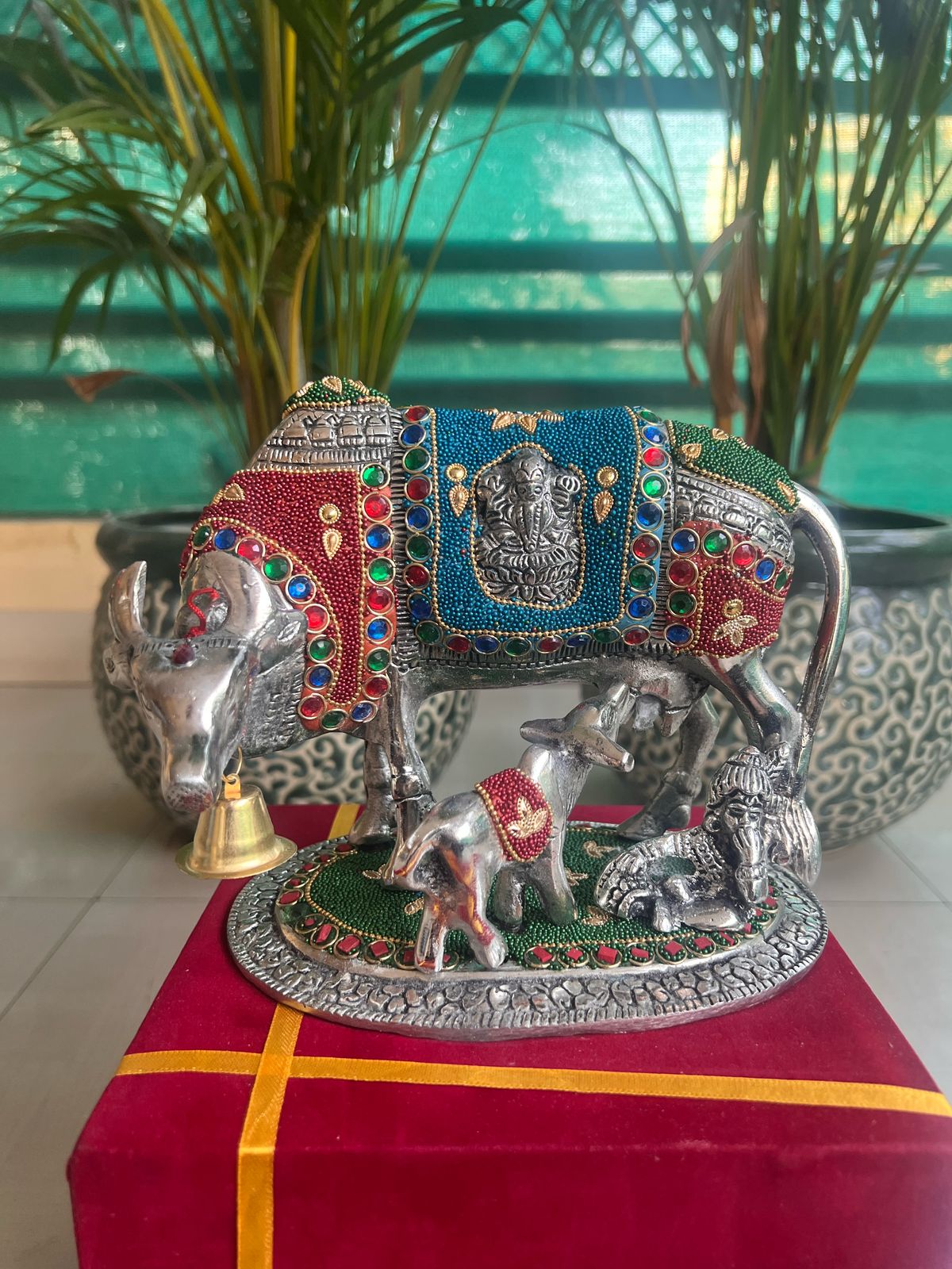 German silver cow and calf statue  with stone work