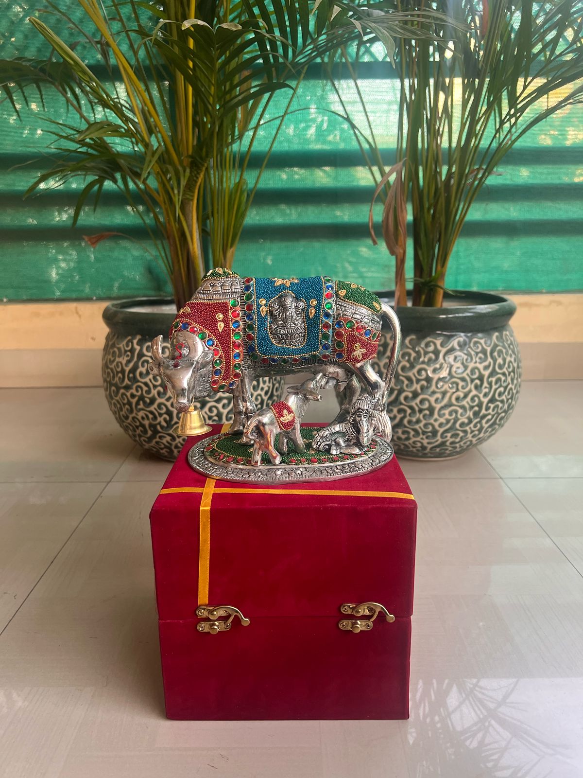 German silver cow and calf statue  with stone work