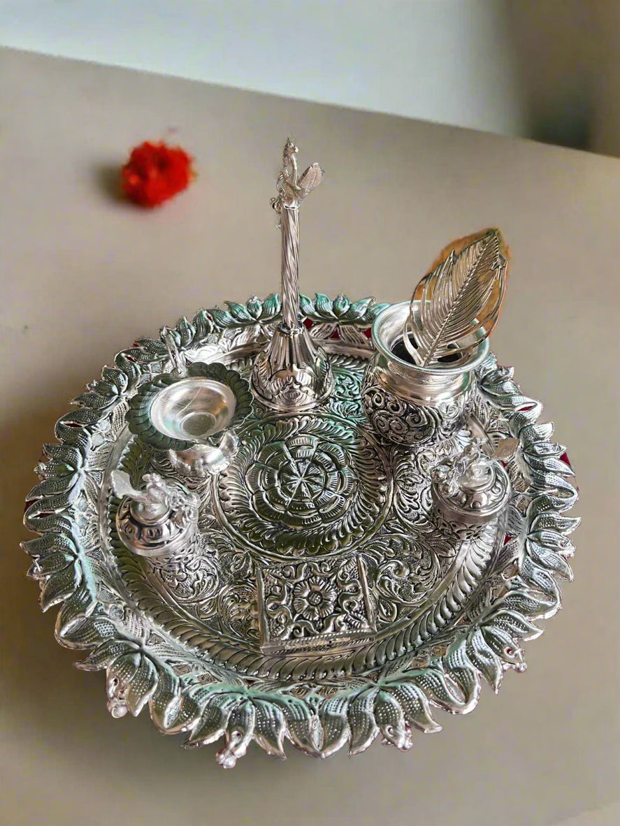 German Silver Lotus Designer Pooja thali with ghunghroo