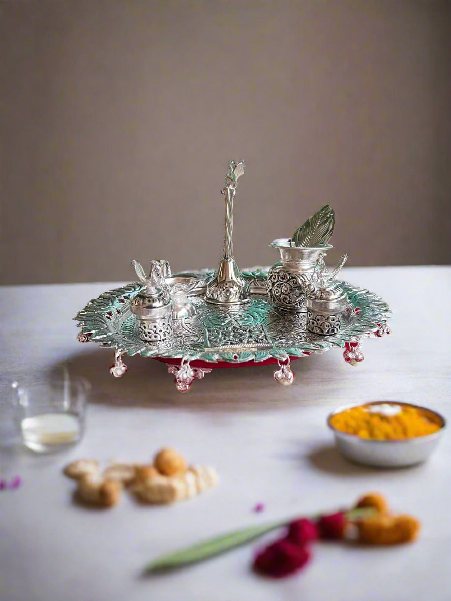 German Silver Lotus Designer Pooja thali with ghunghroo