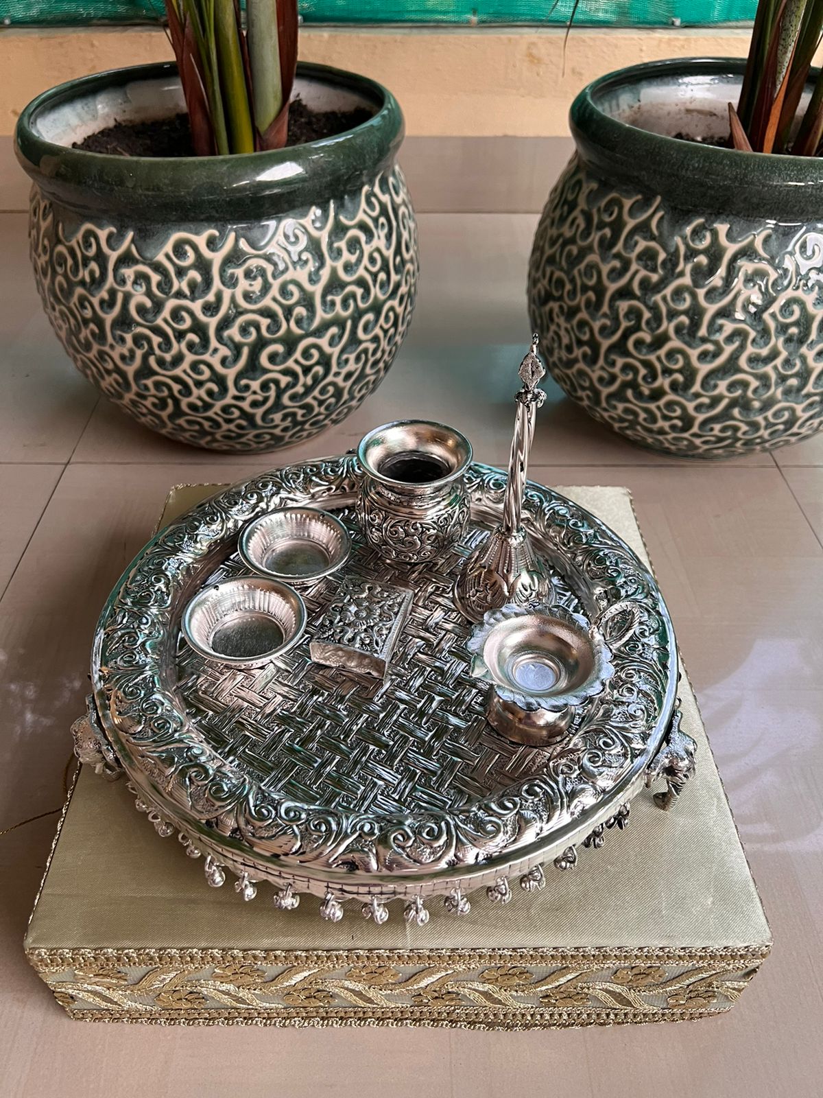 German Silver Elephant Pooja thali Set