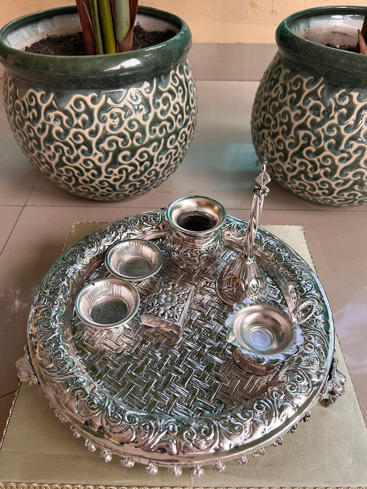 German Silver Elephant Pooja thali Set