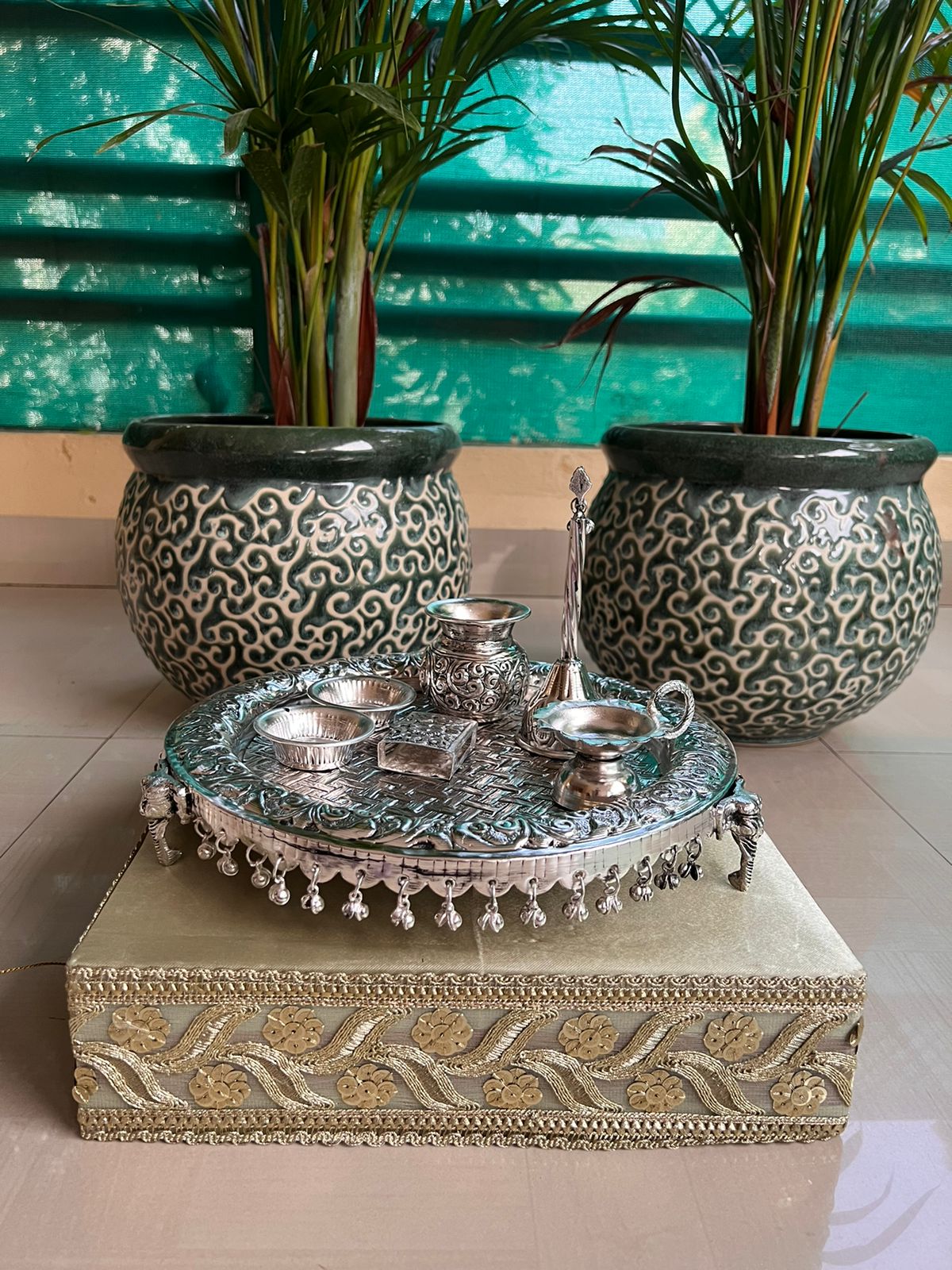 German Silver Elephant Pooja thali Set
