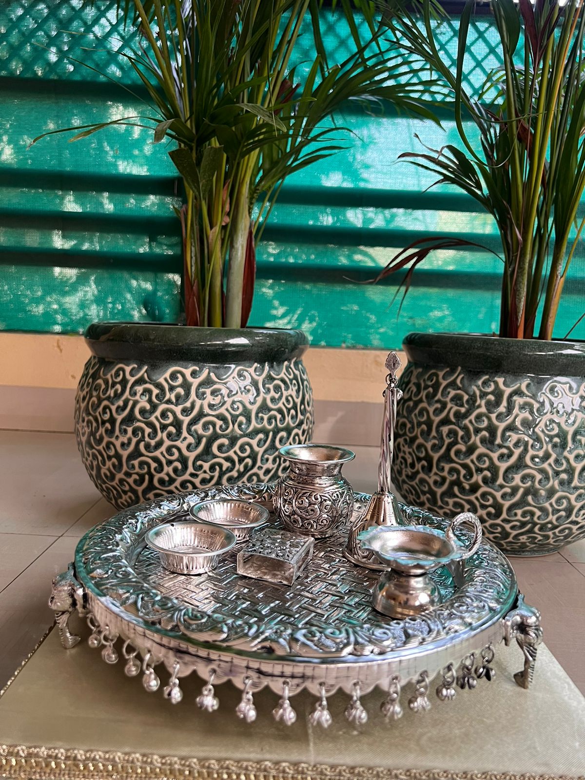 German Silver Elephant Pooja thali Set