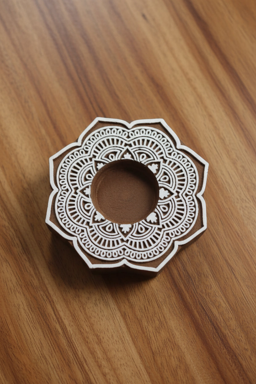 Wooden flower design Hand Block Tea Light Holder Set of 10 – Artistic Home Décor for Warmth, Tradition & Festive Glow