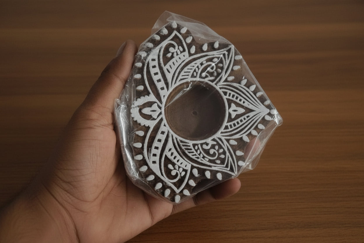 Wooden lotus  flower design Hand Block Tea Light Holder Set of 10 – Artistic Home Décor for Warmth, Tradition & Festive Glow
