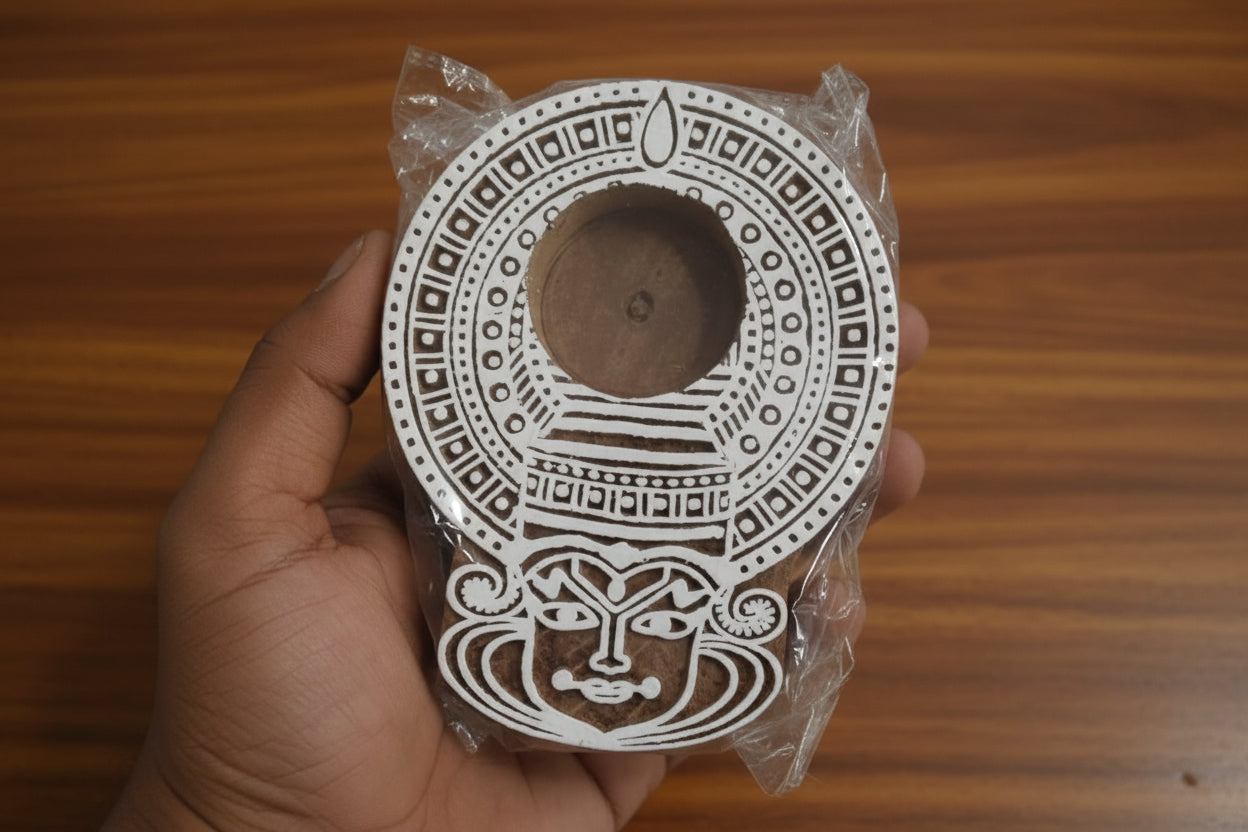 Wooden kathakali design Hand Block Tea Light Holder Set of 10 – Artistic Home Décor for Warmth, Tradition & Festive Glow