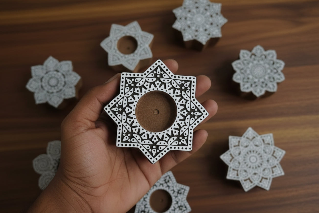 Wooden star shape Hand Block Tea Light Holder Set of 10 – Artistic Home Décor for Warmth, Tradition & Festive Glow