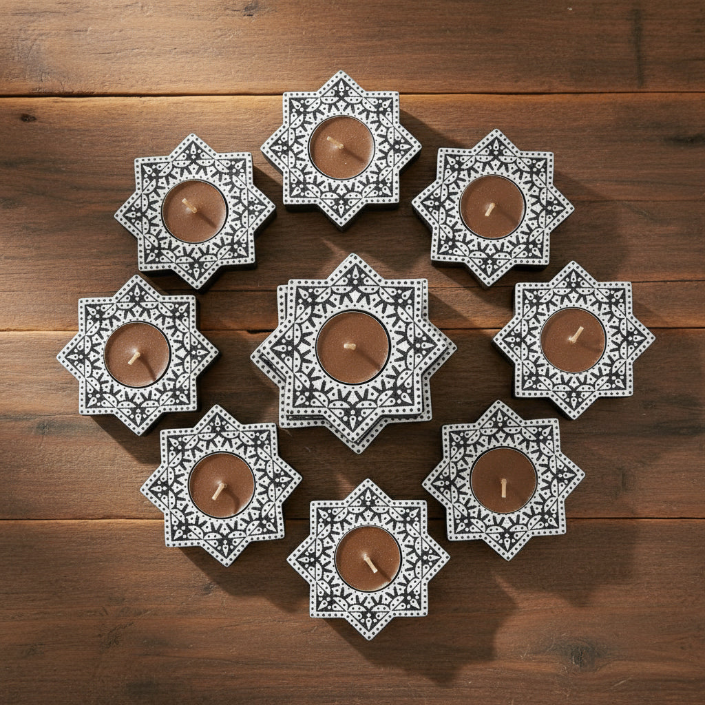 Wooden star shape Hand Block Tea Light Holder Set of 10 – Artistic Home Décor for Warmth, Tradition & Festive Glow