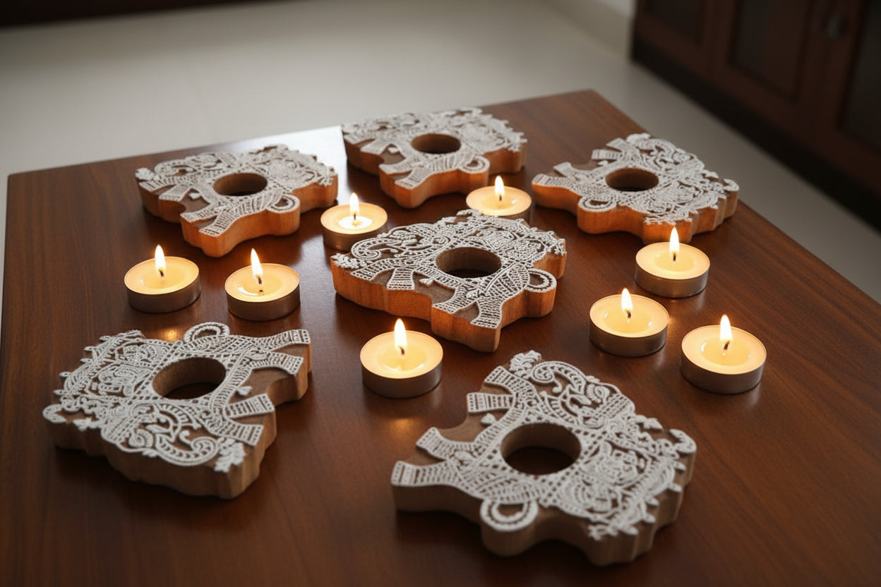 Wooden ambri elephant design Hand Block Tea Light Holder Set of 10 – Artistic Home Décor for Warmth, Tradition & Festive Glow