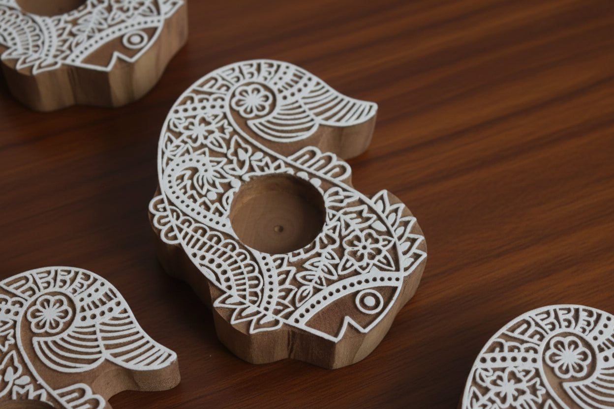 Wooden fish Hand Block Tea Light Holder Set of 10 – Artistic Home Décor for Warmth, Tradition & Festive Glow
