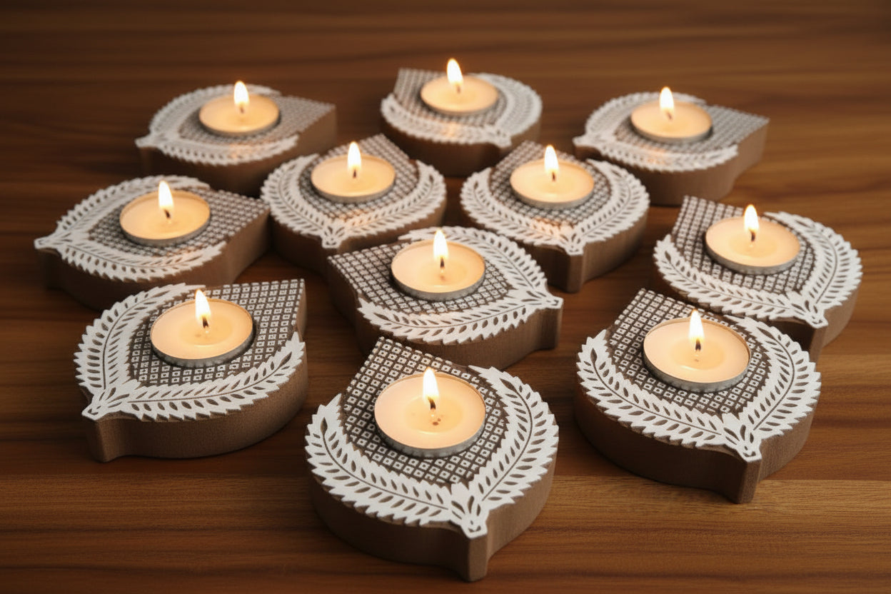 Wooden leaf Hand Block Tea Light Holder Set of 10 – Artistic Home Décor for Warmth, Tradition & Festive Glow